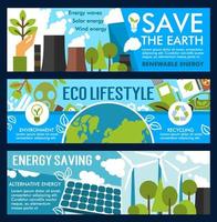 vector salvar la tierra y banners de estilo de vida ecológico