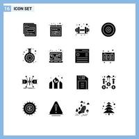 Set of 16 Vector Solid Glyphs on Grid for tube flask gym cog target Editable Vector Design Elements