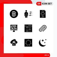 Pack of 9 Modern Solid Glyphs Signs and Symbols for Web Print Media such as communication roller recruitment paint roller computer Editable Vector Design Elements