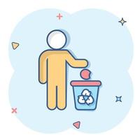 Garbage bin with people icon in comic style. Recycle cartoon vector illustration on white isolated background. Trash basket splash effect sign business concept.