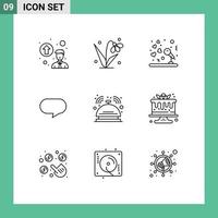 Group of 9 Outlines Signs and Symbols for room butler microphone bell chat Editable Vector Design Elements