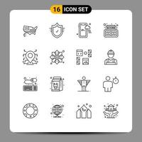 Pack of 16 Modern Outlines Signs and Symbols for Web Print Media such as security processor mobile location digital Editable Vector Design Elements