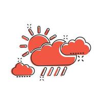 icono del tiempo en estilo cómico. ilustración vectorial de dibujos animados de sol, nubes y lluvia sobre fondo blanco aislado. concepto de negocio de signo de efecto de salpicadura de meteorología. vector