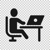 People with laptop computer icon in flat style. Pc user vector illustration on white isolated background. Office manager business concept.