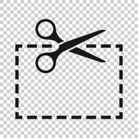 icono de líneas de corte de cupón en estilo plano. Tijeras snip signo vector ilustración sobre fondo blanco aislado. concepto de negocio de etiqueta de venta.