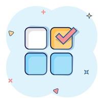 Checklist document icon in comic style. Survey cartoon vector illustration on white isolated background. Check mark choice splash effect business concept.