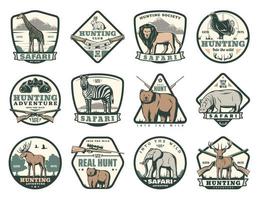 Hunting club icons with animals and hunter rifles vector