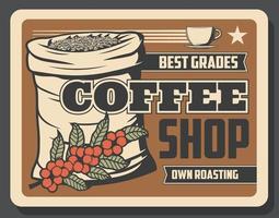 Coffe shop retro banner with beans in sack and cup vector