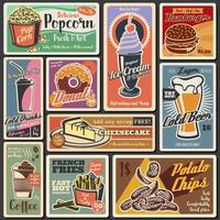 Fast food burgers, hot dogs, desserts retro menu vector