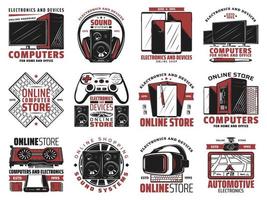 iconos de tiendas de tecnología con dispositivos y gadgets vector