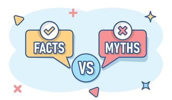 Myths vs facts icon in comic style. True or false cartoon vector illustration on white isolated background. Comparison sign business concept splash effect.