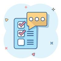 Checklist document sign icon in comic style. Survey vector cartoon illustration on white isolated background. Check mark banner business concept splash effect.