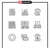 Pack of 9 creative Outlines of projector money gps coins folder Editable Vector Design Elements