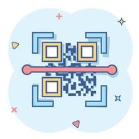 icono de escaneo de código qr en estilo cómico. Ilustración de dibujos animados de vector de identificación de escáner sobre fondo blanco aislado. efecto de salpicadura de concepto de negocio de código de barras.