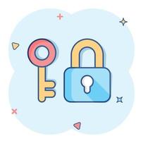 Key with padlock icon in comic style. Access login vector cartoon illustration pictogram. Lock keyhole business concept splash effect.