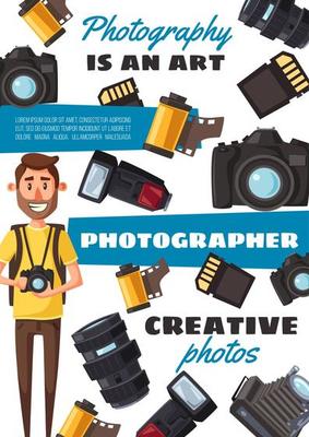 Photographer man, equipment and accessories