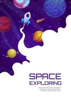 Landing page with flying in space rocket, planets vector