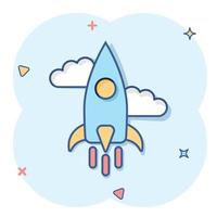 Rocket icon in comic style. Spaceship launch cartoon vector illustration on white isolated background. Sputnik splash effect business concept.