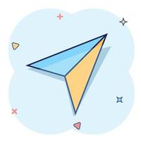 icono de avión de papel en estilo cómico. mensaje enviado ilustración vectorial de dibujos animados sobre fondo blanco aislado. concepto de negocio de efecto de salpicadura de sms de aire. vector