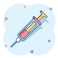 Syringe icon in comic style. Coronavirus vaccine inject cartoon vector illustration on isolated background. Covid-19 vaccination splash effect sign business concept.