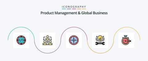 la gestión de productos y la línea de negocios global llenaron un paquete de iconos planos 5 que incluye pirateo. ingeniería. distribución. desarrollo. operación vector