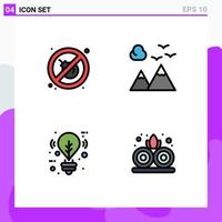 conjunto de 4 iconos de interfaz de usuario modernos símbolos signos para fuego luz montañas viaje loto elementos de diseño vectorial editables vector