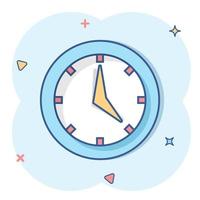 Real time icon in comic style. Clock vector cartoon illustration on white isolated background. Watch business concept splash effect.