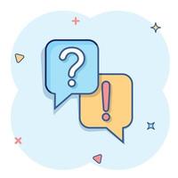 Question and answer icon in comic style. Dialog speech bubble cartoon vector illustration on white isolated background. Forum chat splash effect business concept.