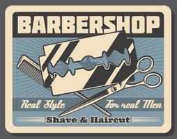 Barbershop salon, beard shaving razor and scissors vector