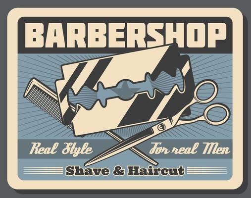 Barbershop salon, beard shaving razor and scissors