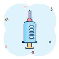 Syringe icon in comic style. Inject needle cartoon vector illustration on white isolated background. Drug dose splash effect business concept.