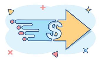 icono de transferencia de dinero en estilo cómico. ilustración de dibujos animados de vector de dólar sobre fondo blanco aislado. efecto de salpicadura del concepto de negocio de pago.