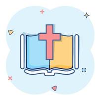 Bible book icon in comic style. Church faith cartoon vector illustration on white isolated background. Spirituality splash effect business concept.