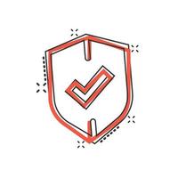 escudo con icono de marca de verificación en estilo cómico. proteger la ilustración vectorial de dibujos animados sobre fondo blanco aislado. concepto de negocio de efecto de salpicadura de guardia de marca de verificación. vector