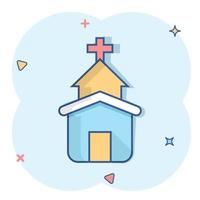 Church icon in comic style. Chapel vector cartoon illustration on white isolated background. Religious building business concept splash effect.