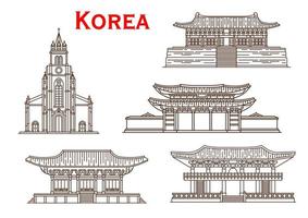 corea arquitectura fachadas vector iconos de línea delgada