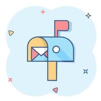 Mailbox icon in comic style. Postbox cartoon vector illustration on white isolated background. Email envelope splash effect business concept.