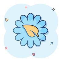 icono de hoja y manzanilla en estilo cómico. flor con ilustración de vector de dibujos animados de planta sobre fondo blanco aislado. concepto de negocio de signo de efecto de salpicadura de energía ecológica.