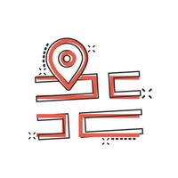 Map pin icon in comic style. gps navigation cartoon vector illustration on white isolated background. Locate position splash effect business concept.