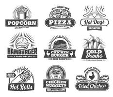 Fast food meals, pizza and snacks retro icons vector