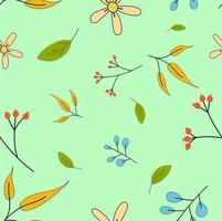 Seamless Pattern Leaves with yellow, green, blue stems with yellow flowers. Hand drawn cute on green background. Designed for clothes, curtains, garments, blankets, home products, tiles. vector