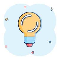 Light bulb icon in comic style. Lightbulb cartoon vector illustration on white isolated background. Lamp idea splash effect business concept.