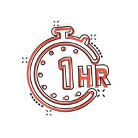 1 hour clock icon in comic style. Timer countdown cartoon vector illustration on isolated background. Time measure splash effect sign business concept.