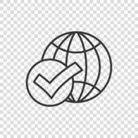 Globe check mark icon in flat style. World approval vector illustration on white isolated background. Confirm business concept.