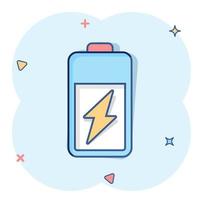 Battery icon in comic style. Accumulator cartoon vector illustration on white isolated background. Energy charger splash effect business concept.