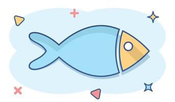 Fish sign icon in comic style. Goldfish vector cartoon illustration on white isolated background. Seafood business concept splash effect.