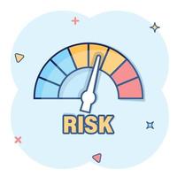 Risk meter icon in comic style. Rating indicator cartoon vector illustration on white isolated background. Fuel level sign splash effect business concept.