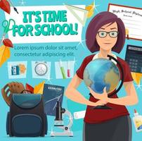 School time poster. Teacher and study stationery vector