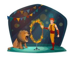 Circus trainer and linon in fire circle vector