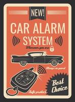 cartel vintage del sistema de alarma del coche con llave y cerradura vector